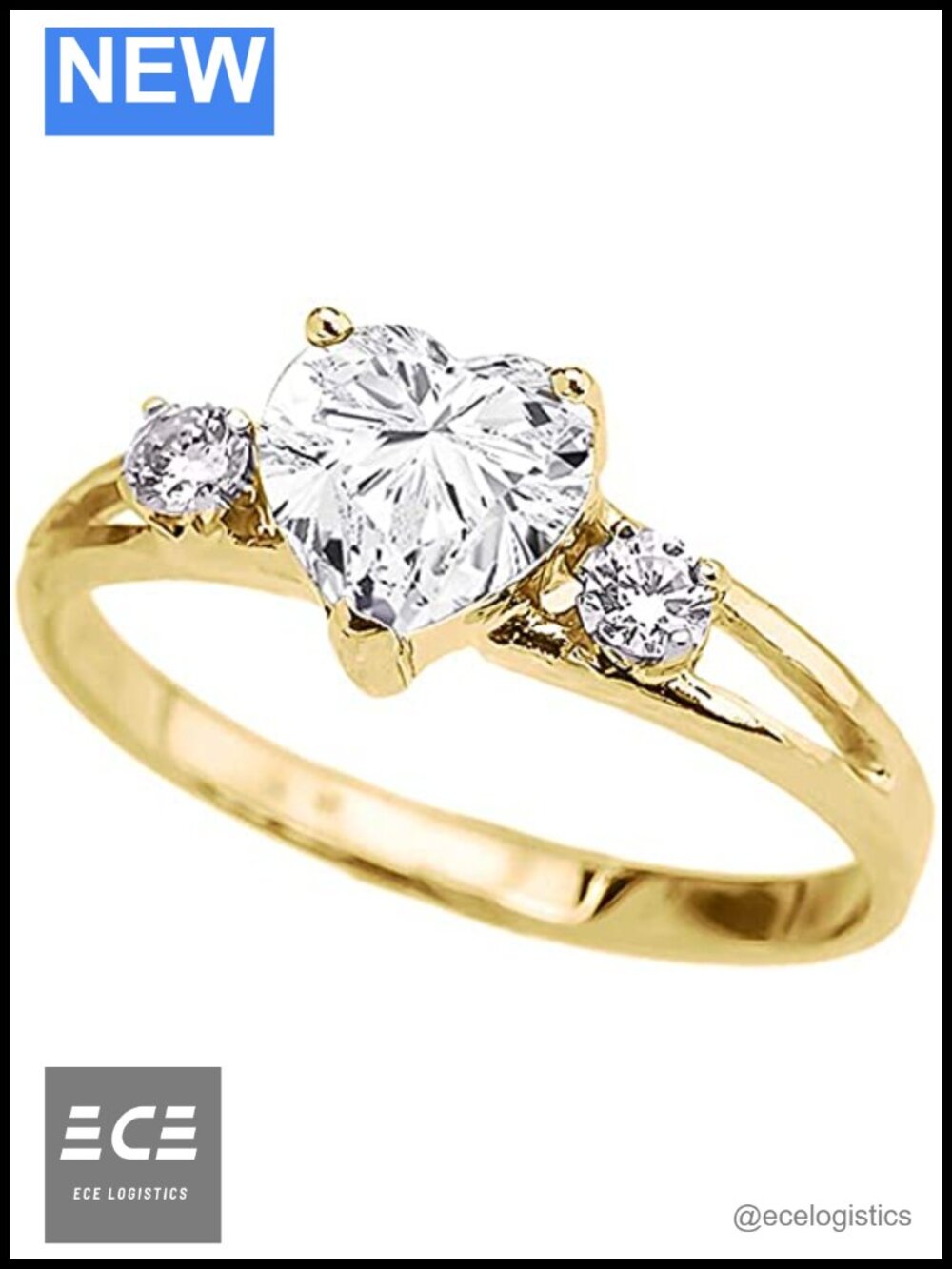 10K Yellow Gold Heart CZ Promise Ring Three Stone Split Shank